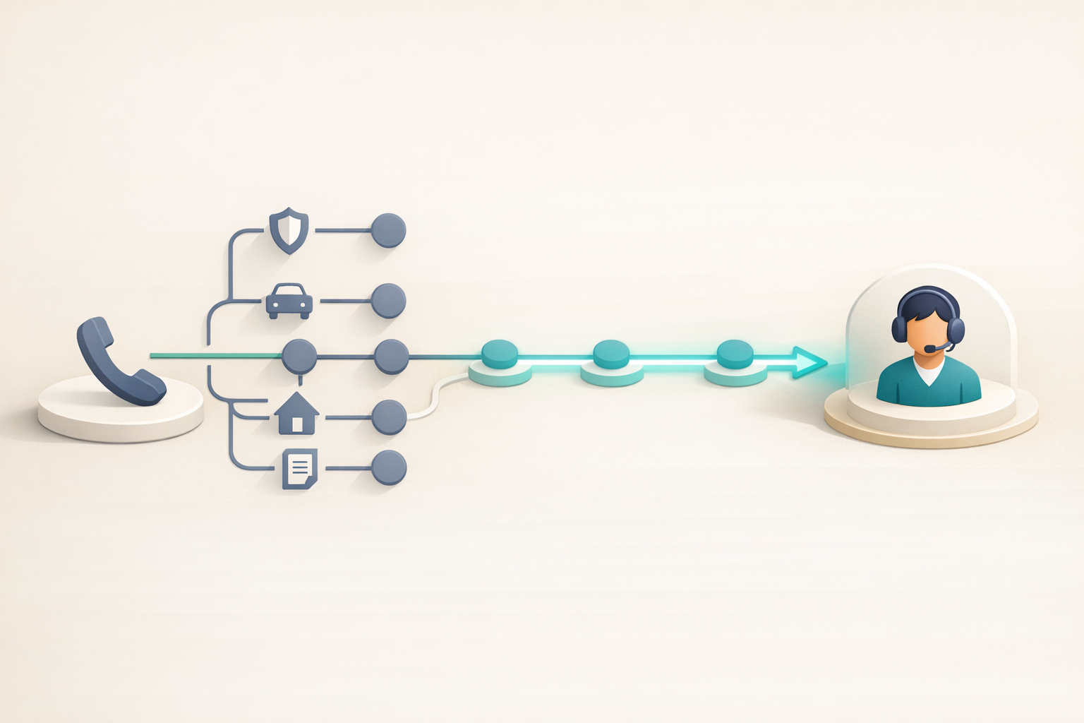 Notion-style illustration of IVR branching and deterministic routing to a live representative