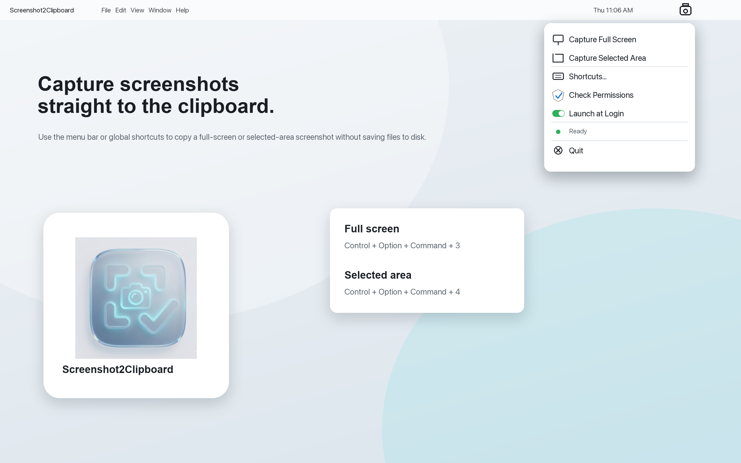 Screenshot2Clipboard menu bar capture controls