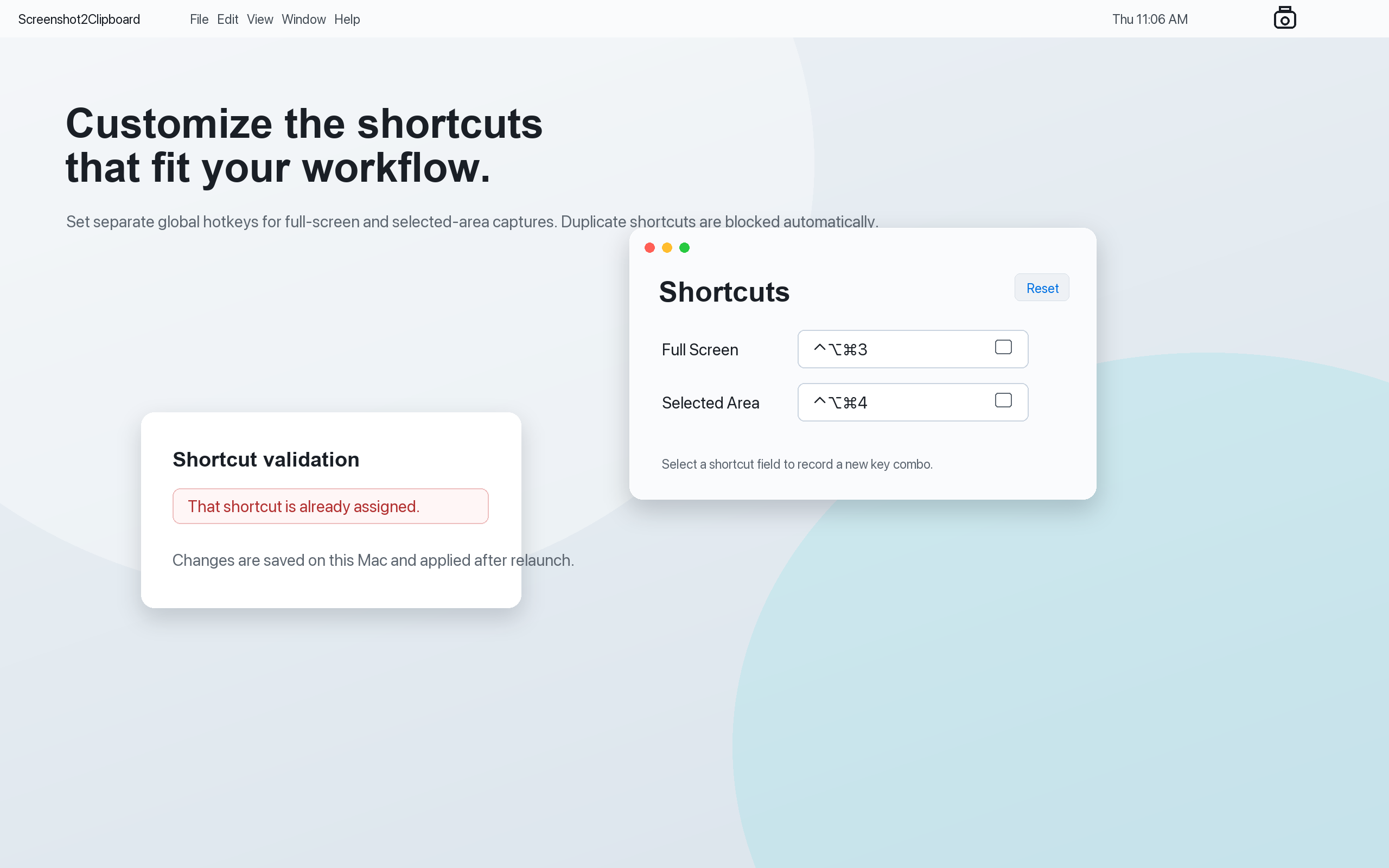 Screenshot2Clipboard shortcut configuration window