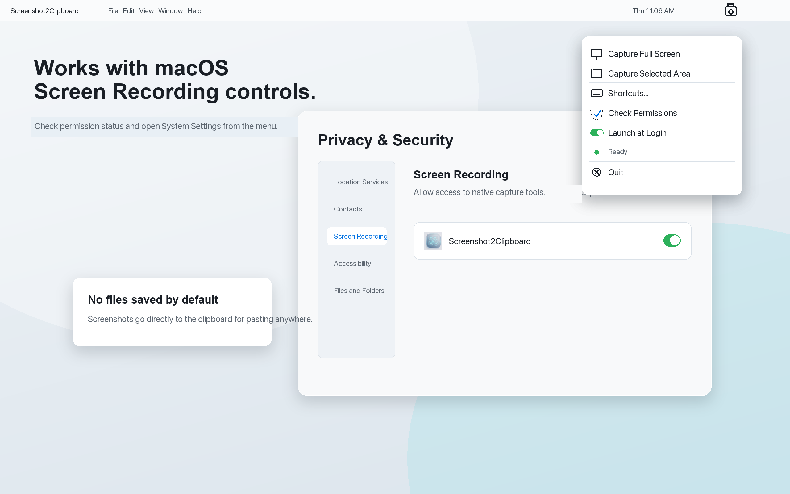 Screenshot2Clipboard permissions menu item